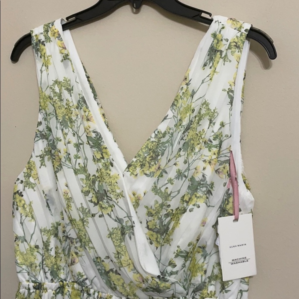 Alex Marie Sleeveless V-Neck Pleated Floral Midi Dress in White and Green - Picture 2 of 7